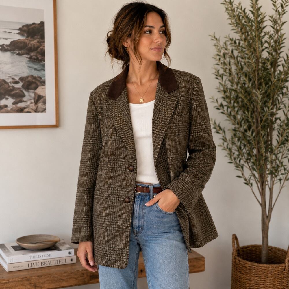 Vintage International Scene Wool Blazer Brown Plaid Jacket Women’s 16